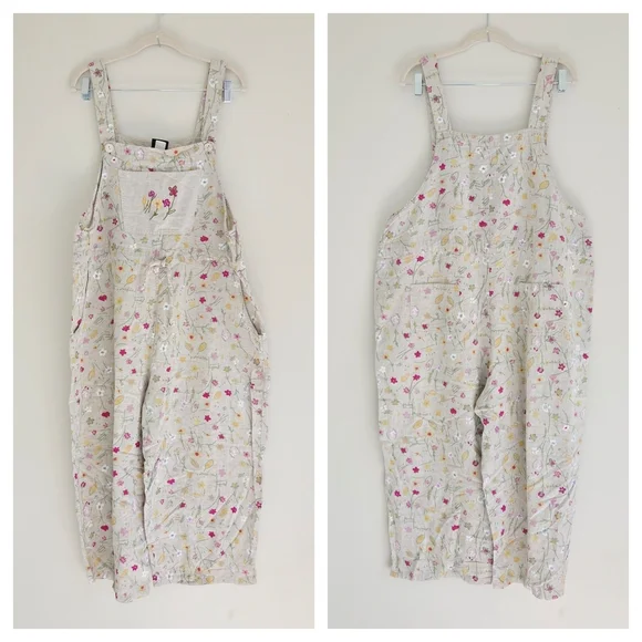 Produce Company Vintage Floral Linen Overalls XL Oatmeal Flax - Picture 1 of 7